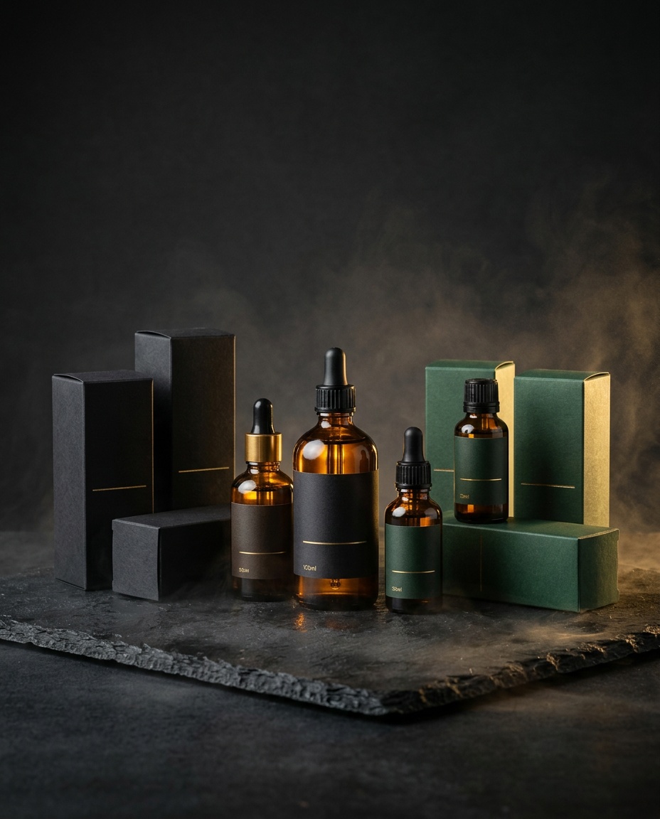 Matte black and green packaging with amber bottles on dark slate